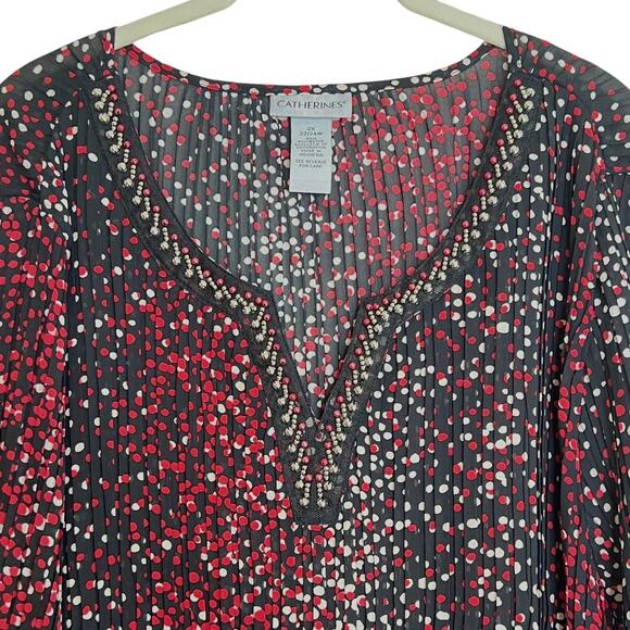 Catherines Womens Tunic Top 2X Pleated Beaded Black Red Polka Dot Asymmetric Hem - Picture 2 of 7